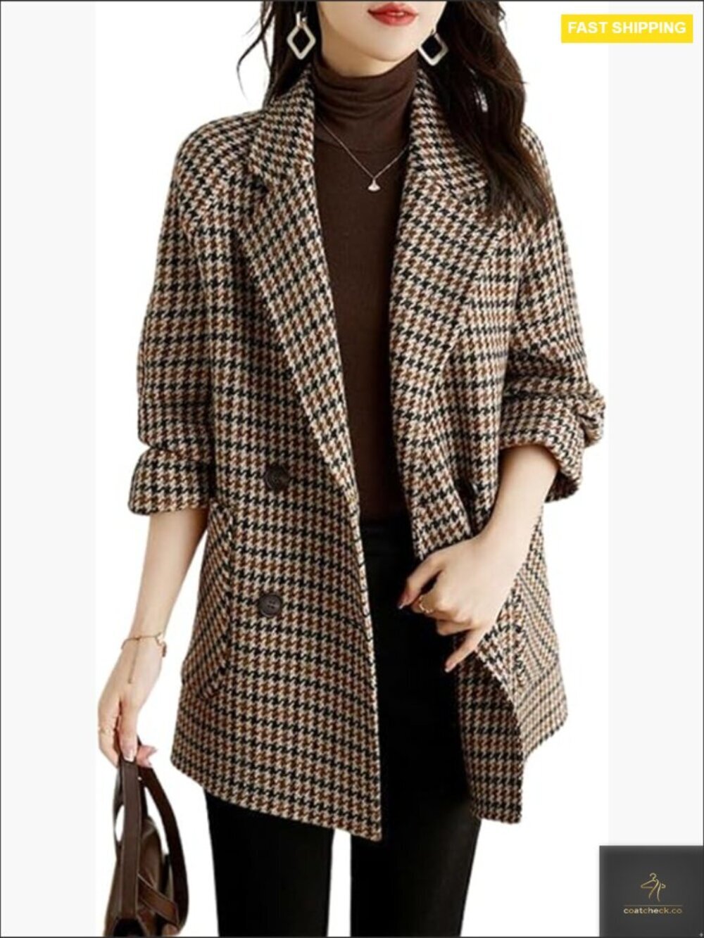 Womens Notched Lapel Pea Coat Double Breasted Overcoat Houndstooth Wool Blazer